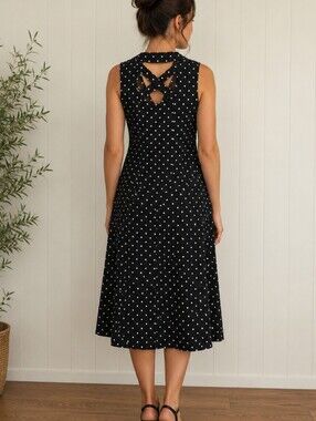 Vintage Dressbarn Polka Dot Dress Shirtdress Criss-cross Back Black White 16